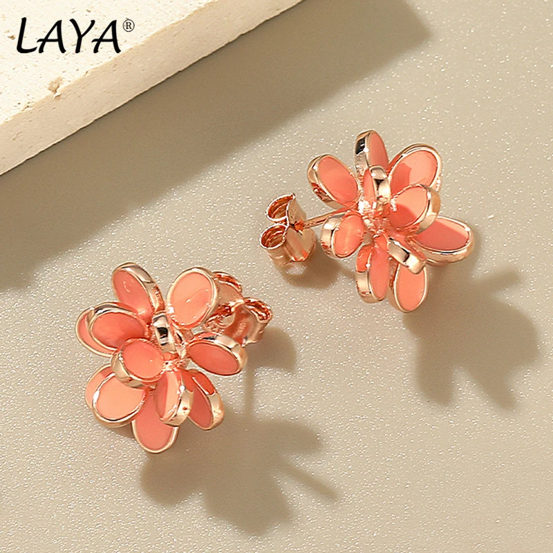 LAYA Vintage Enamel Flower Stud Earrings Women Temperament Blue Purple Flower Shaped pierced Ear 925 Sterling Silver Jewelry