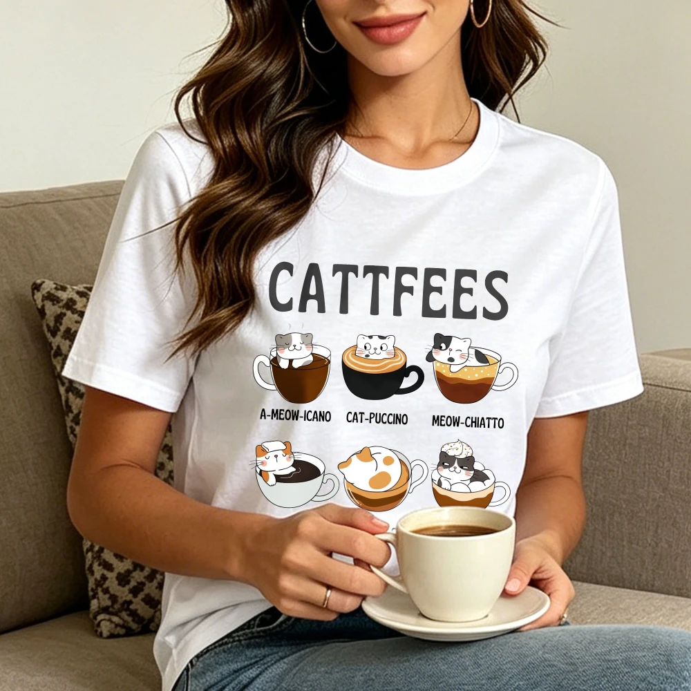 Fashion Coffee Cats Funny Shirt Coffee Cat Lover T Shirt Cat Mom Coffee Cat Lover Gift Humorous Streetwear Kitten Latte Cup Tees