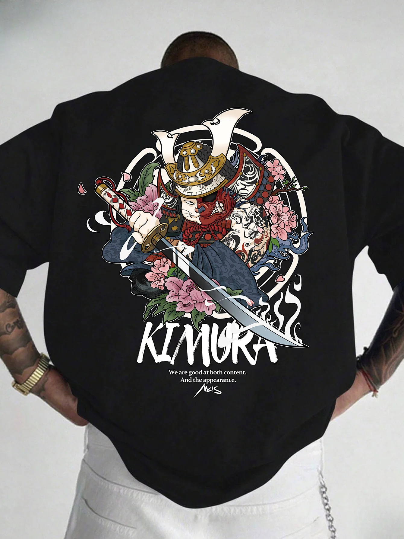 Men's Samurai Cherry Blossom Hot Stamping Printed T-shirt Retro Casual Short Sleeved Round Neck Top