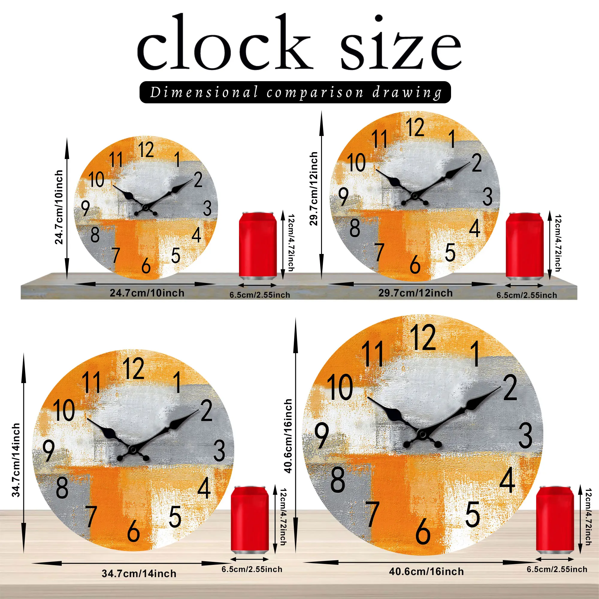 Abstract Orange gray oil painting wall clock, silent non-ticking wooden silent clock, suitable for living room bedroom, room dec