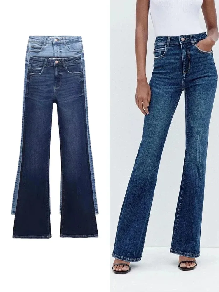 ZABA Frauen hohe Taille abnehmende Micro Flare Jeans Mode weites Bein Hosen Straße Tasche Hose
