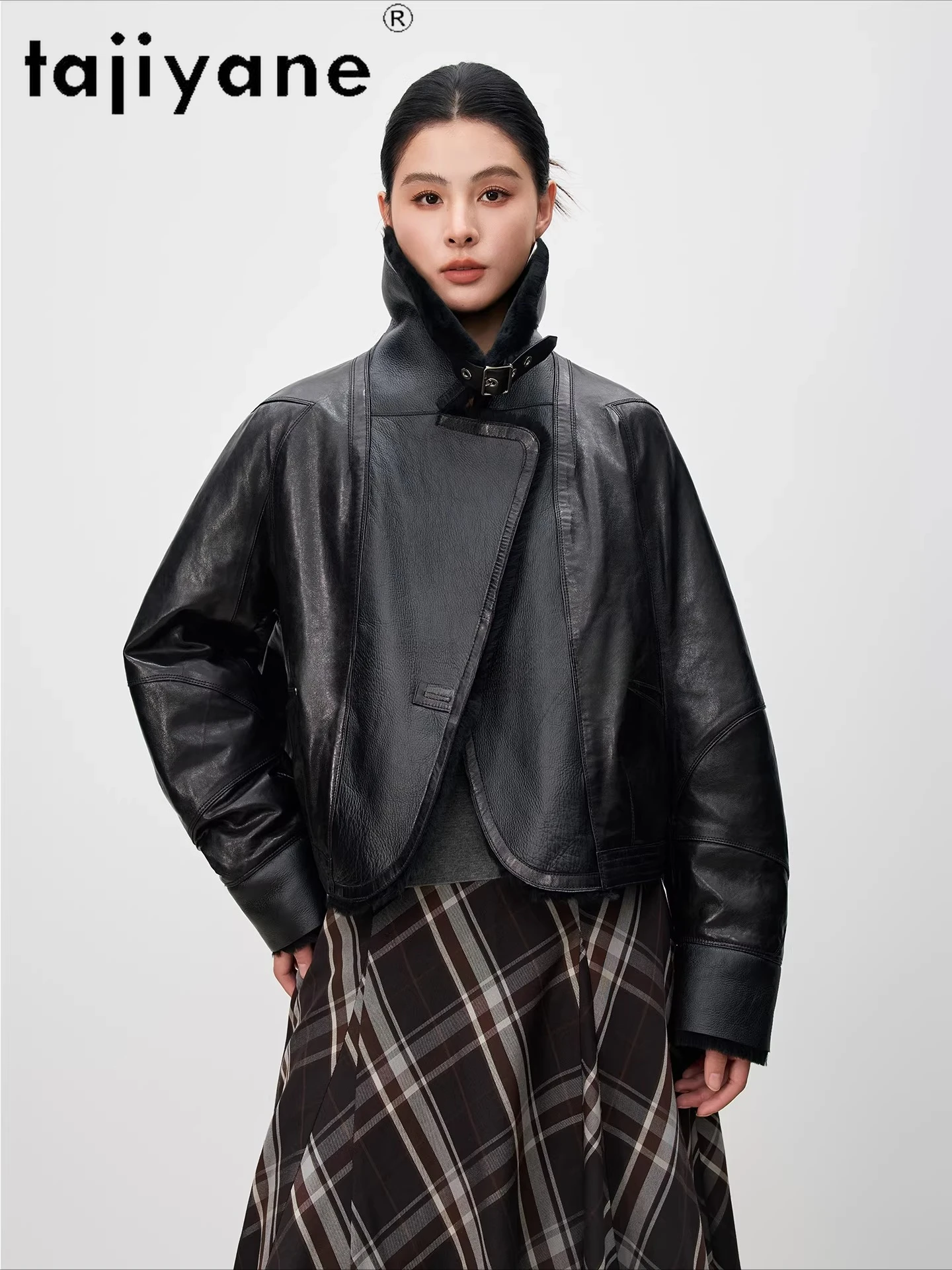 TAJIYANE シープスキン グースダウンコート ショート バイク用 本革ジャケット ウールカラー パファージャケット 2025 冬服 дубленка