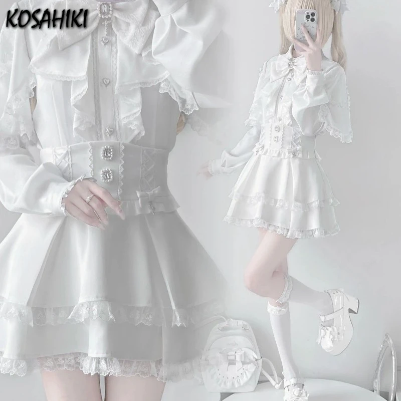 

Japanese 2 Piece Sets Women Lace Patchwork Sweet Bow Slim Fit Blouse + High Waist A-Line Ruffled Skirts Y2k Aesthetic Outifits