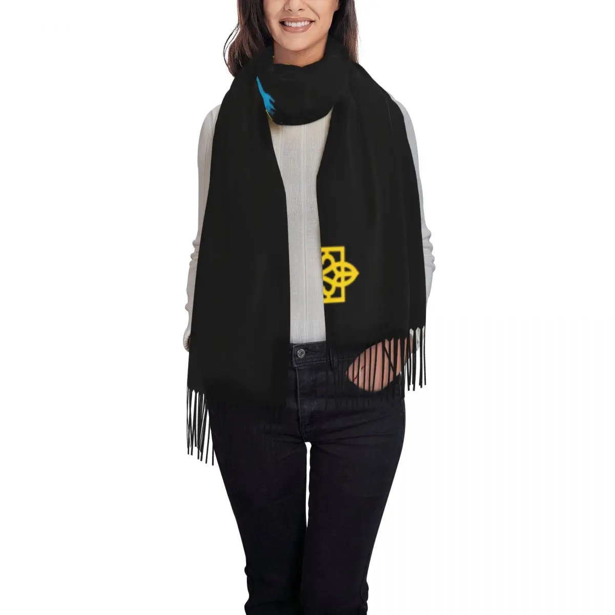 Stylish Ukrainian Flag Stripe Tassel Scarf Women Winter Warm Shawl Wrap Lady Coat Of Arms Of Ukraine Tryzub Scarves