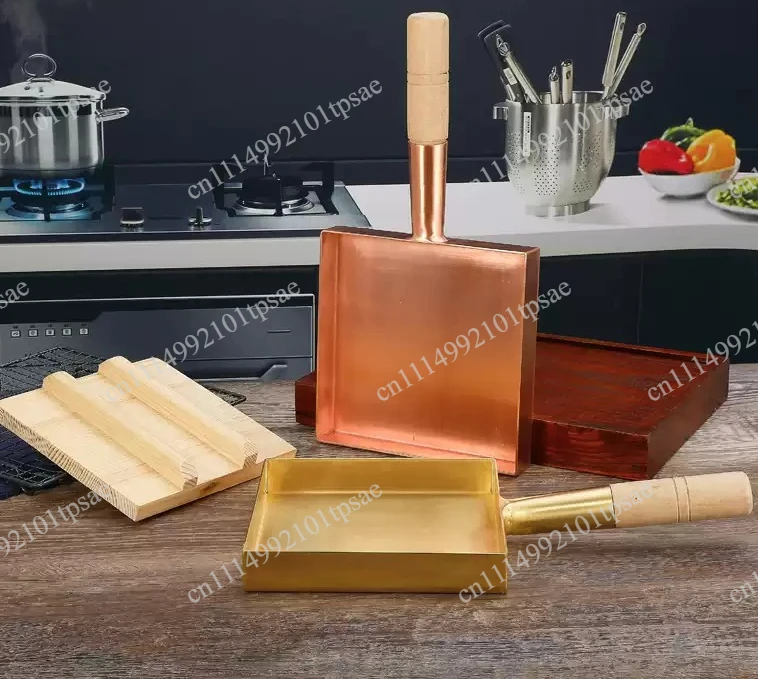 Pure copper frying pan, red copper brass square flat frying pan, wooden handle, non stick egg frying pan