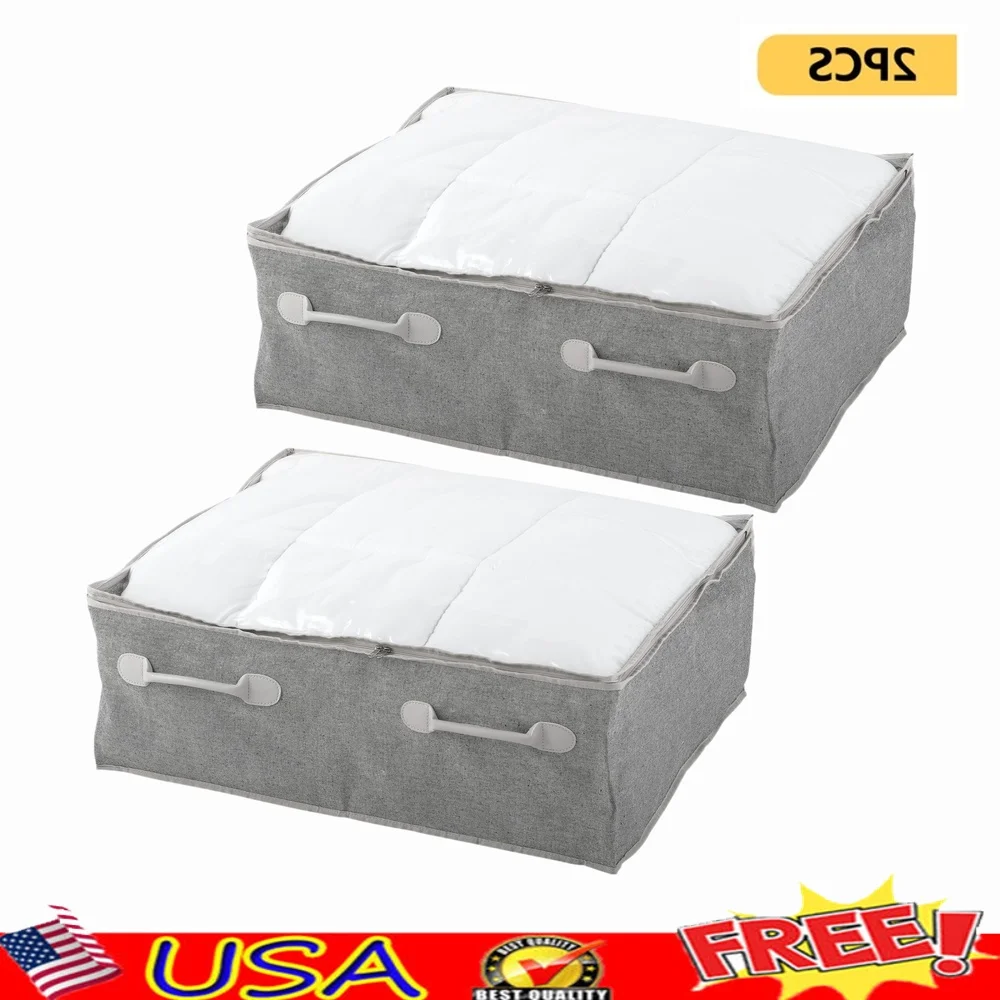 

2 Piece Underbed Storage Bin Set Zippered Polyester Cotton Organizer 2 Compartments Padded Top Side Handles Adult Use