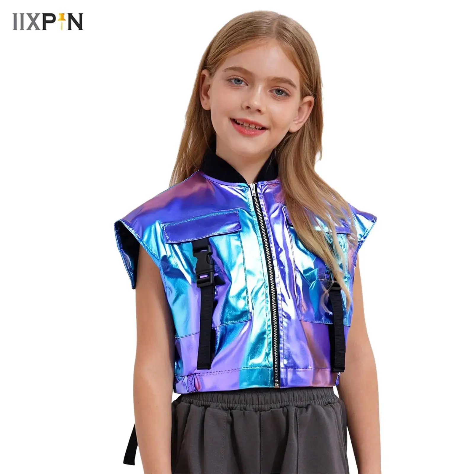 

Kids Girls Fashion Metallic Shiny Vest Coat PU Sleeveless Zipper Sides Open Jacket for Hip-Hop Jazz Dance Stage Performance