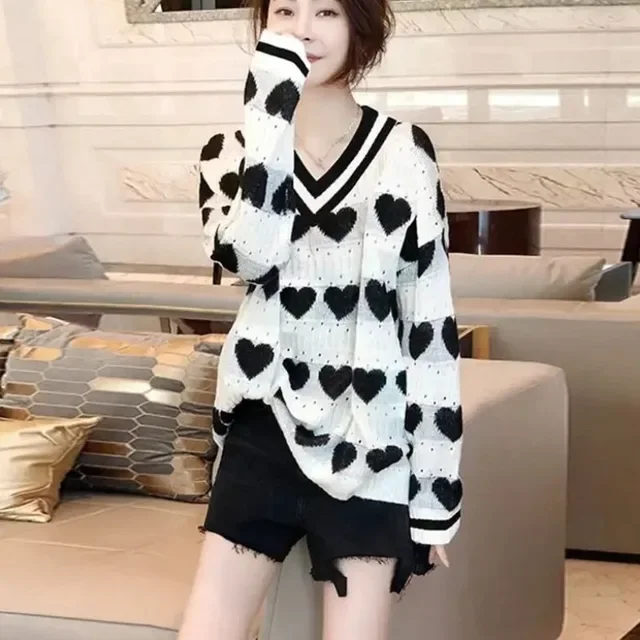 

Пуловеры больших размеров для женщин, джемпер с v-образным вырезом и длинными рукавами Sueter Mujer, корейский модный вязаный тонкий свитер с вырезами