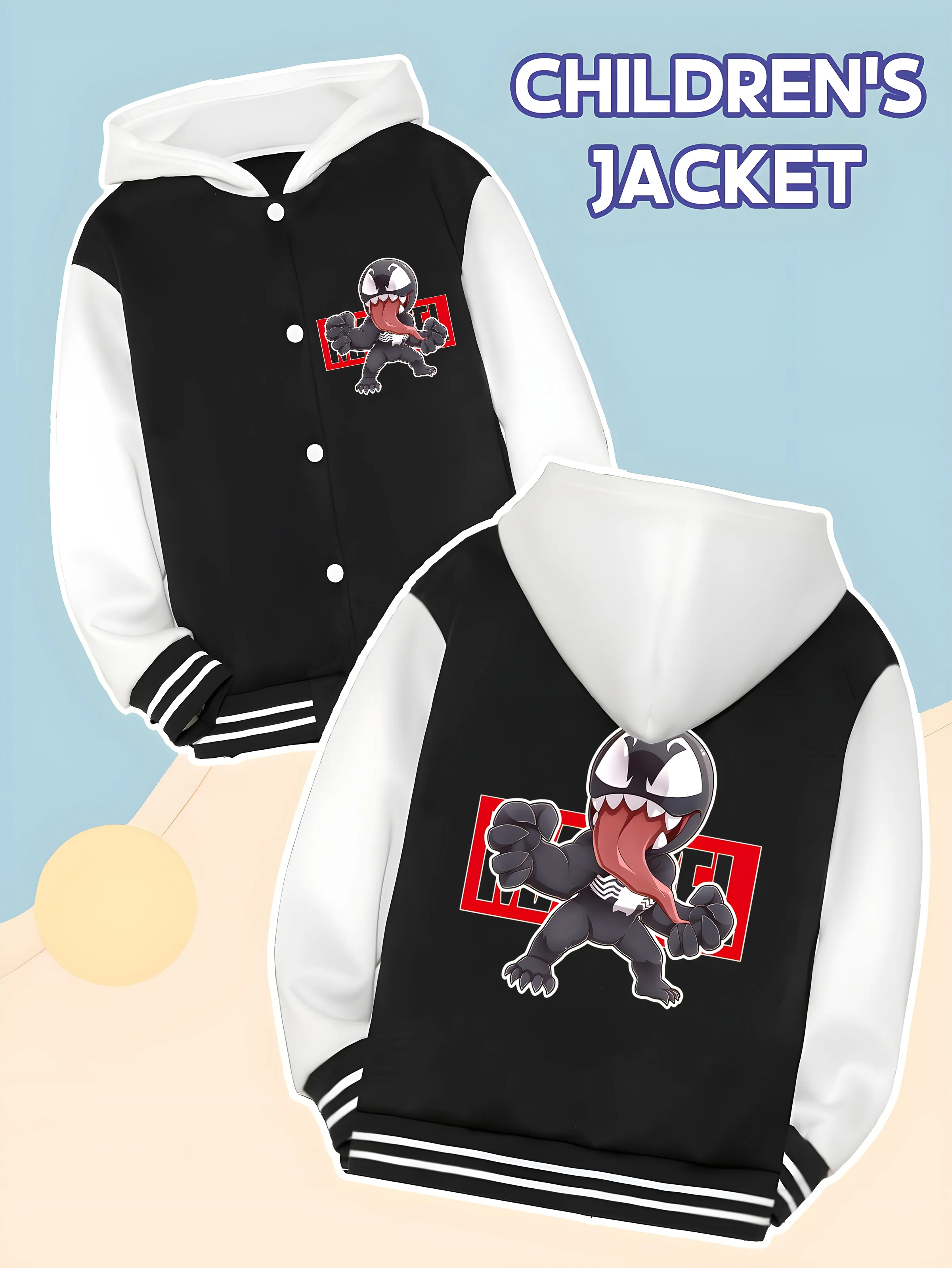 

MINISO Marvel Boys' Baseball hooded Jacket - Venom print, double-sided pattern, soft fabric