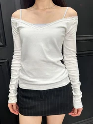 T-shirt bianca a maniche lunghe con rifiniture in pizzo donna autunno scollo a v Slim Cotton Tees Top Casual semplice All-match Basic Tshirt Sweet Tops Y2k