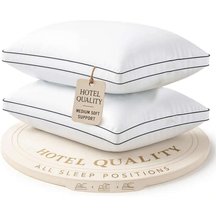 

Queen Size Set of 2 Medium Soft Support Gusseted Bed Pillows with Down Alternative Filling for Side Sleepers Machine Washable I
