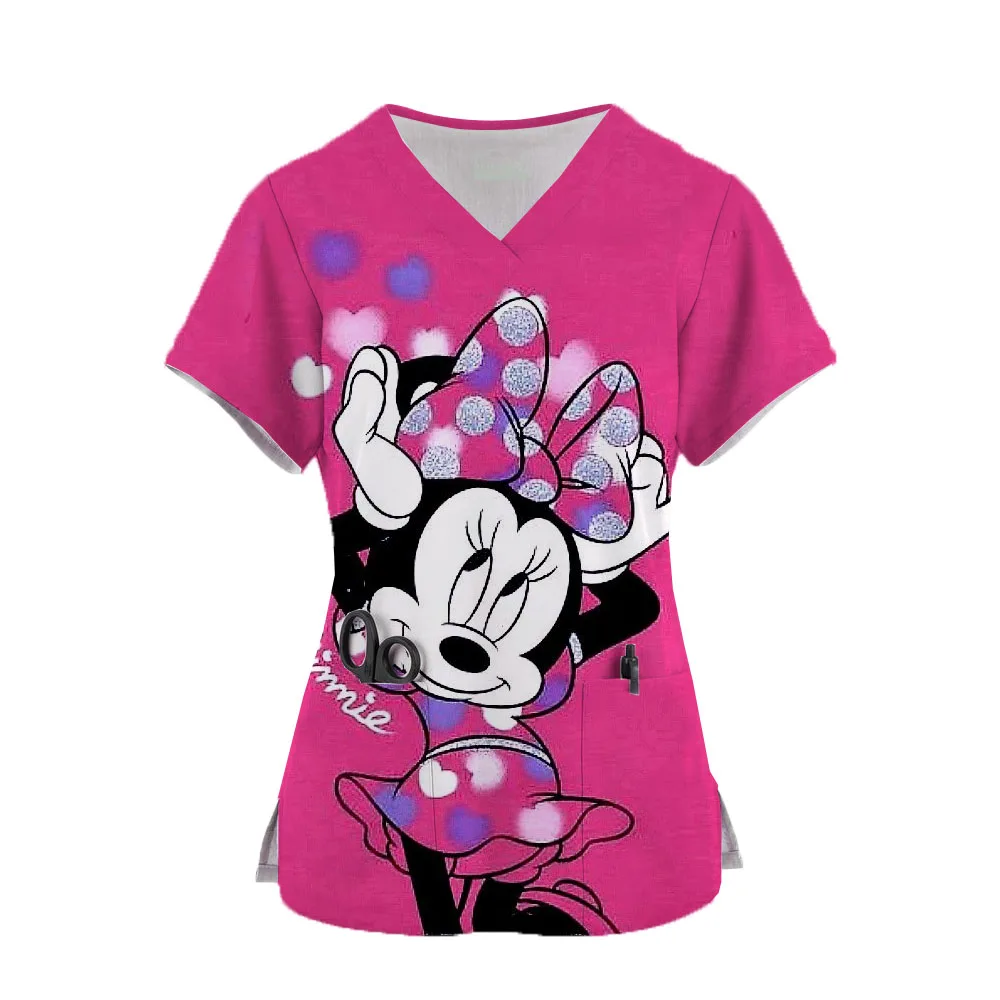 2024 Women's Doctor Nurse Uniform Mickey Mouse 3d Print Pocket V-Neck Nursing Scrubs Tops Workwear Tshirt Overalls Uniforms