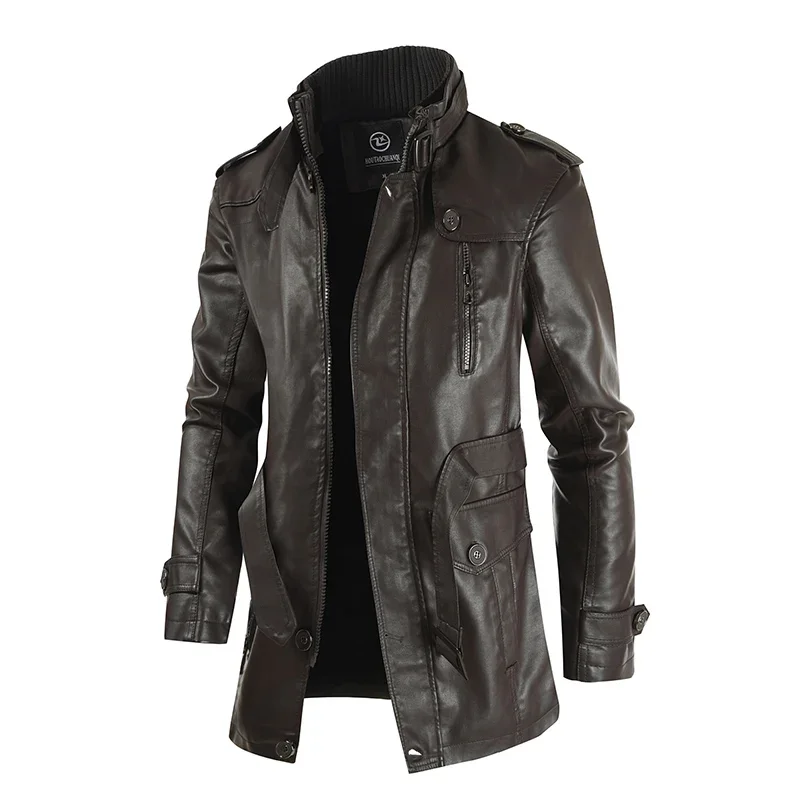 

Men's Belt Warm And Windproof PU Jacket New Men's Mid-Length Leather Jacket With Stand-Up Collar Plus Velvet Large Size M-4XL