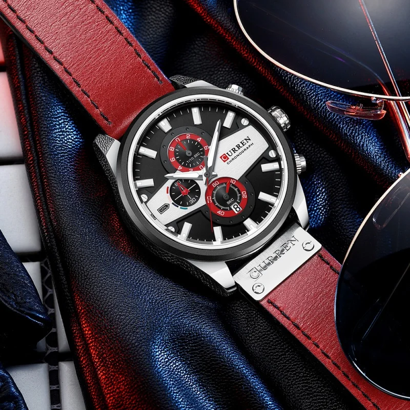 CURREN 8394 Casual Brand Men's Quartz Watch Sports Multifunction Chronograph Luminous Calendar Waterproof Leather Strap Watches
