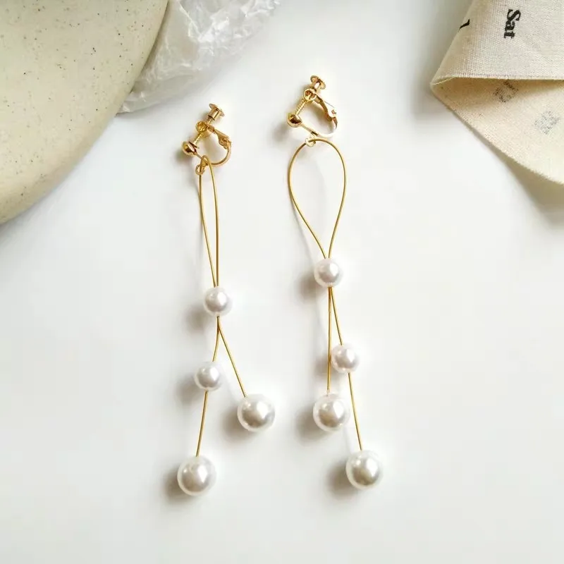 Temperament Long Imitation Pearl Tassel Clips Earrings for Women Without Piercing Pendant Clip Earring Wedding Party Jewelry