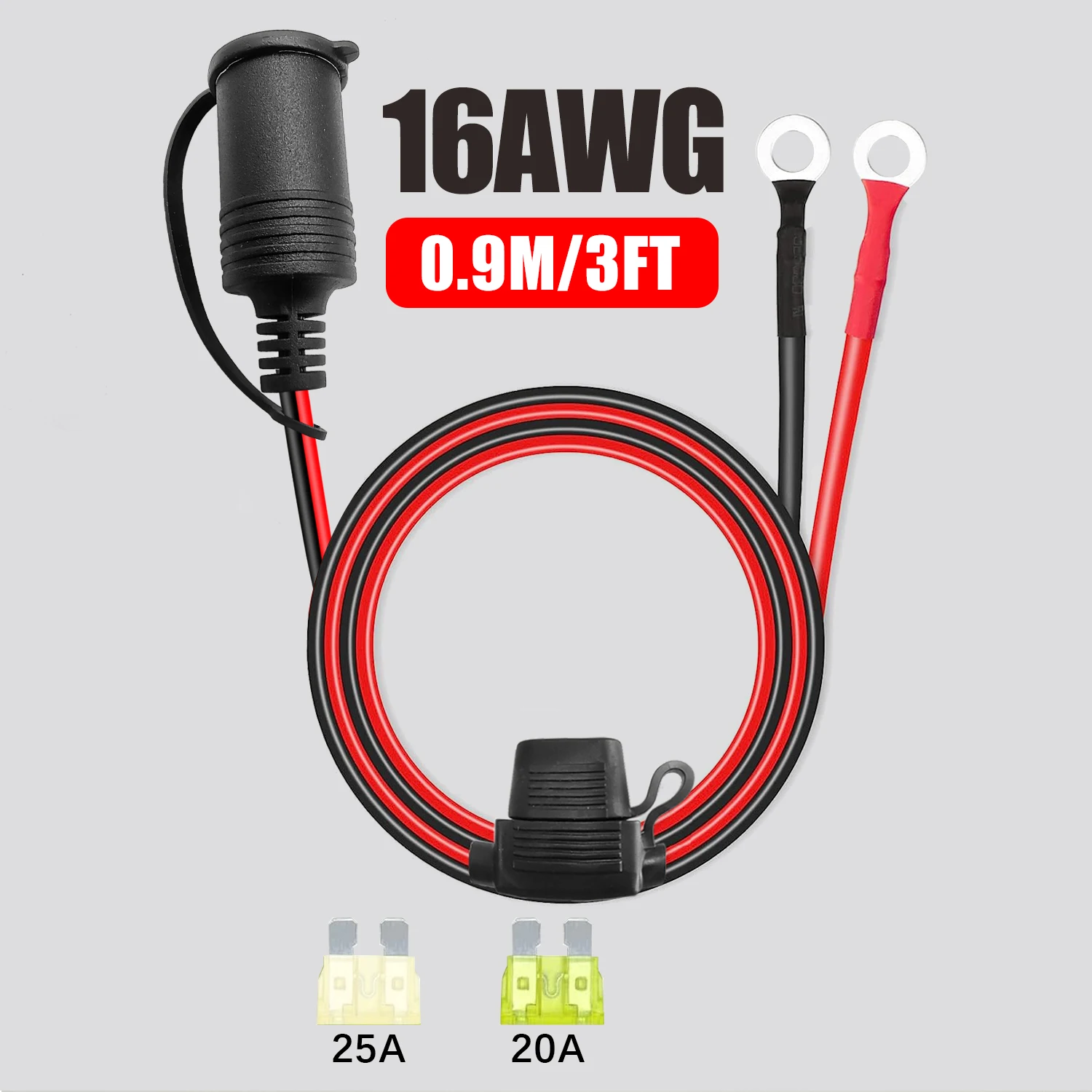3FT 16AWG Car Plug Extension Cord with Cover 10A/20A/25A Fuse O-Terminal for Travel Camping