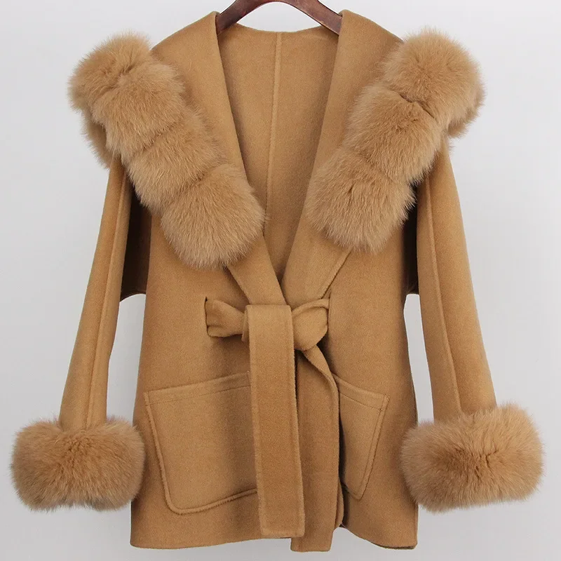 للنساءNew المألوف تنوعا فضفاضة تناسب تعادل مقنعين الثعلب الفراء الراقية Feeldouble الوجهين السلع الصوفية معطف سترة #2