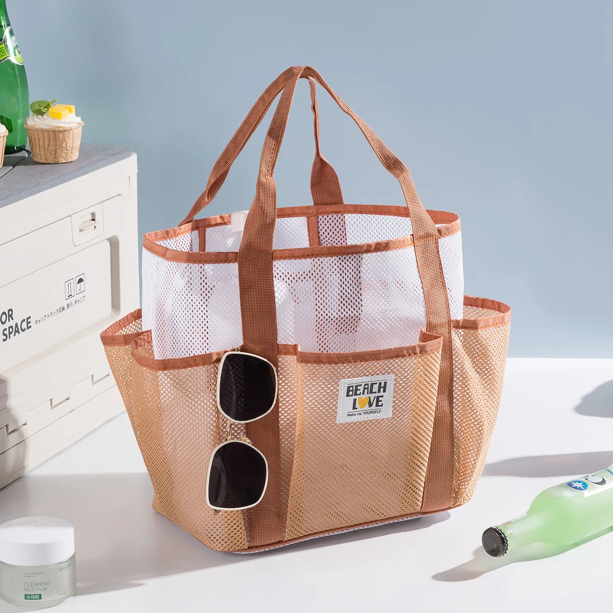 Novos sacos de praia com vários estilos, sacos de armazenamento de bolso de grande capacidade, sacolas, sacos de natação de malha de viagem portáteis.