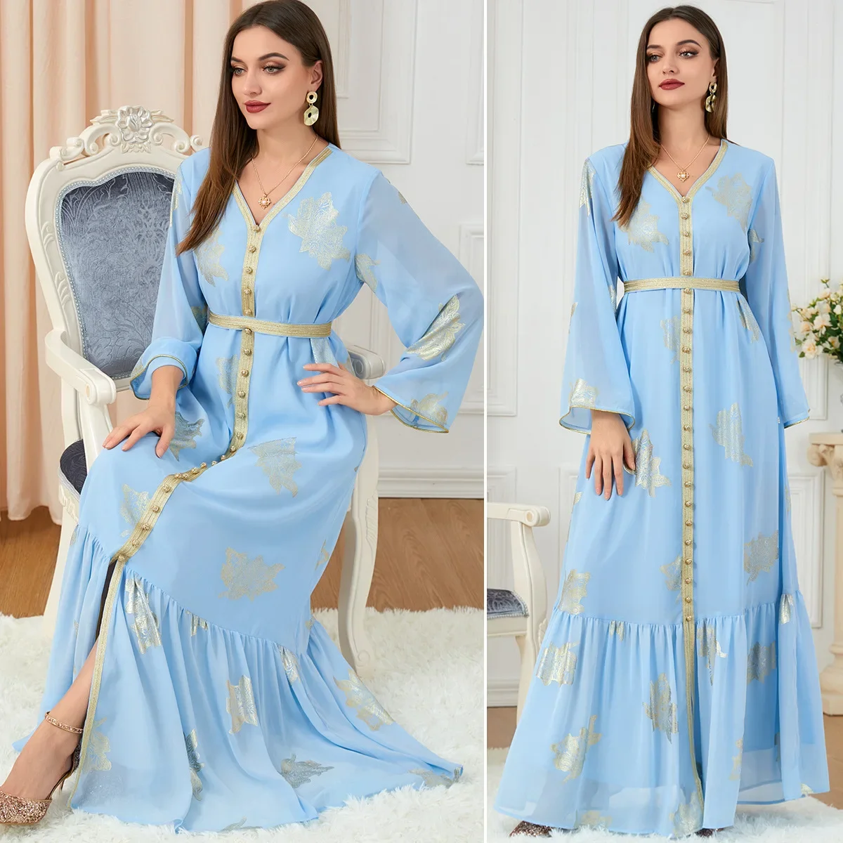 Fashion Muslim Maxi Dresses for Women Summer Elegant Muslim Women Long Sleeve V-neck Long Abaya Dubai Abaya Kaftan Muslim Dress