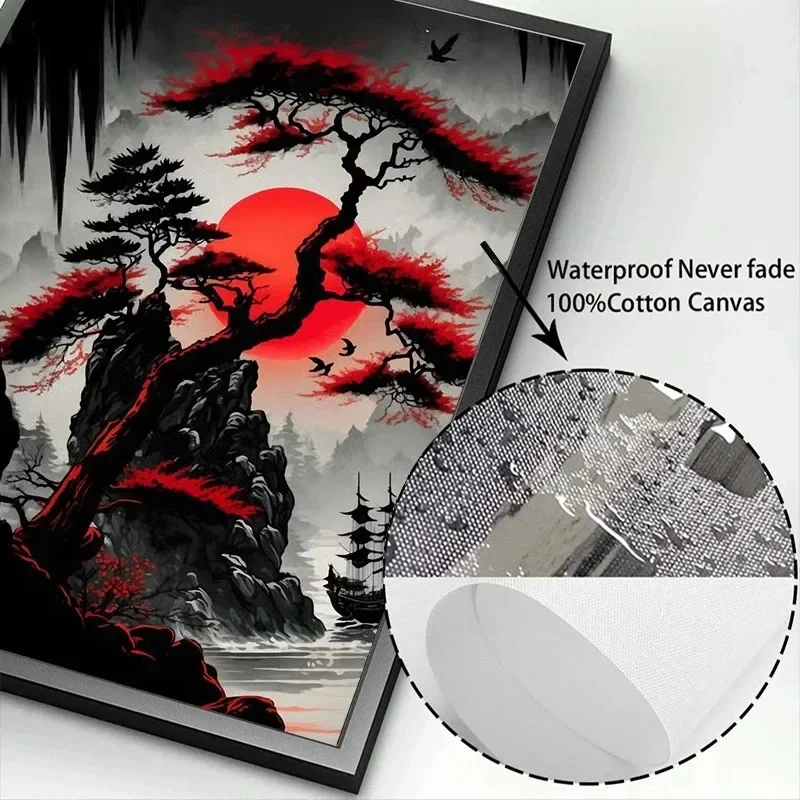 Canvas Painting Japanese Natural Landscape Mountain Temple Canvas Posters Vintage Black Red Ink Art Wall Art Prints Home Decor