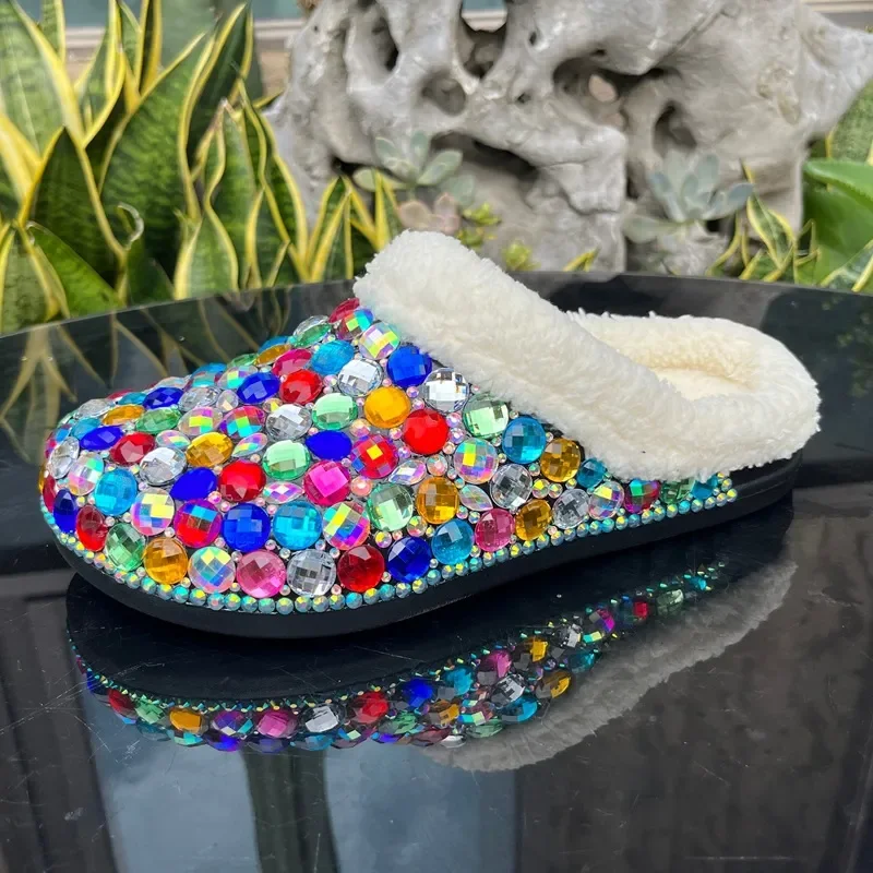 Bling Handmade Plush Winter Slippers DIY Rhinestone Hole Women's Slippers Diamond EVA Clog Shoes Fur Lined Sandals Size 36-45