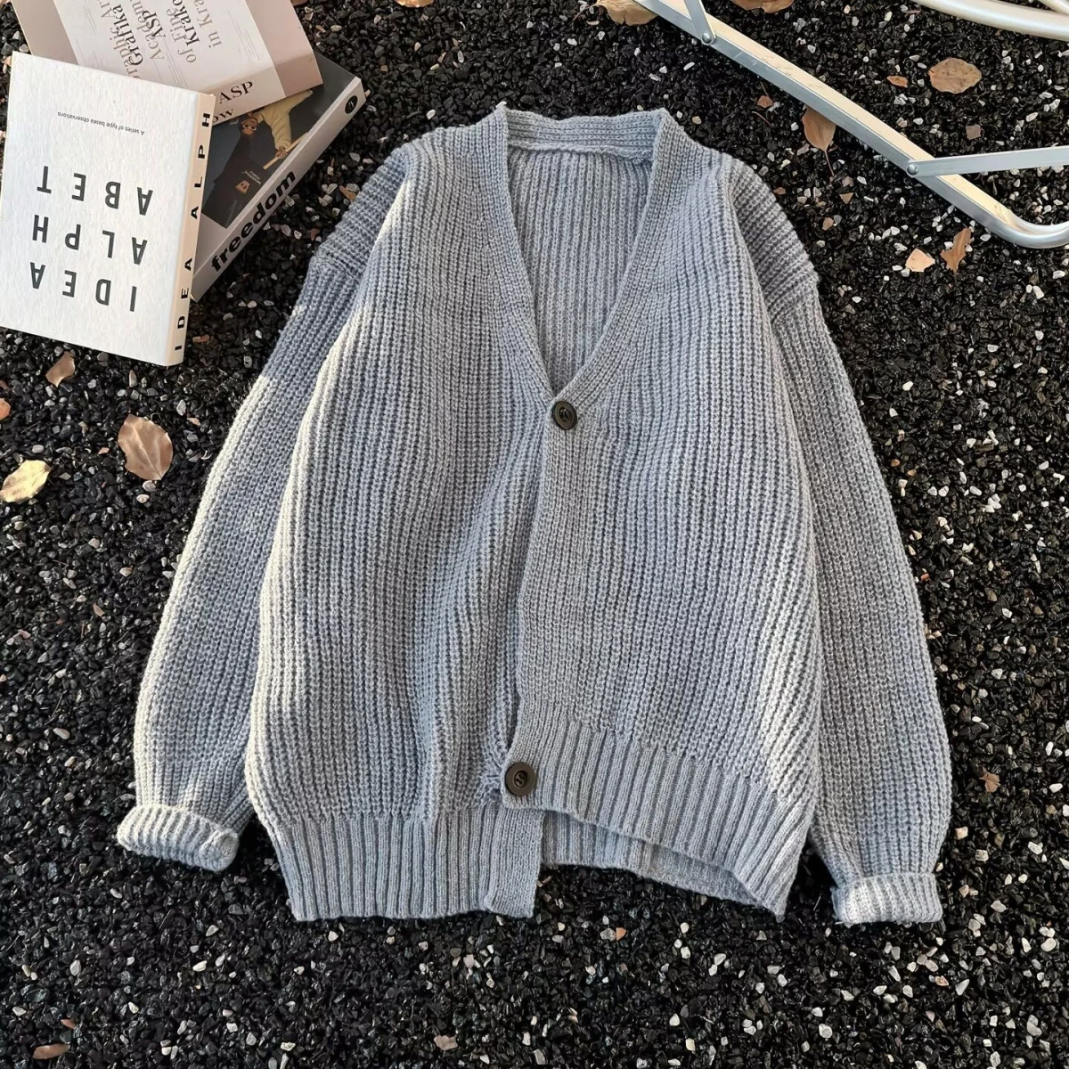 

Свободный вязаный свитер с v-образным вырезом, мужское корейское пальто, повседневная осенняя верхняя одежда для пар, длинное волокно из полиэстера