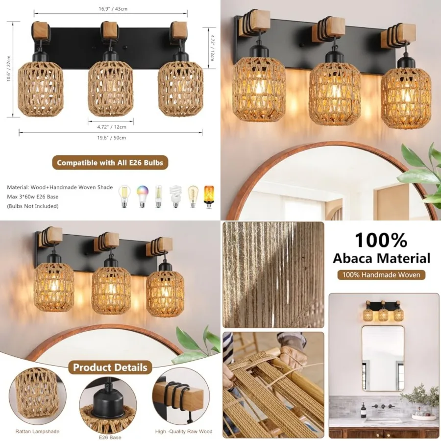 

Farmhouse Bathroom Light Fixture, Boho Vanity Light, Rattan Bathroom Light Fixture Over Mirror Rustic Vanity Lighting with Hand