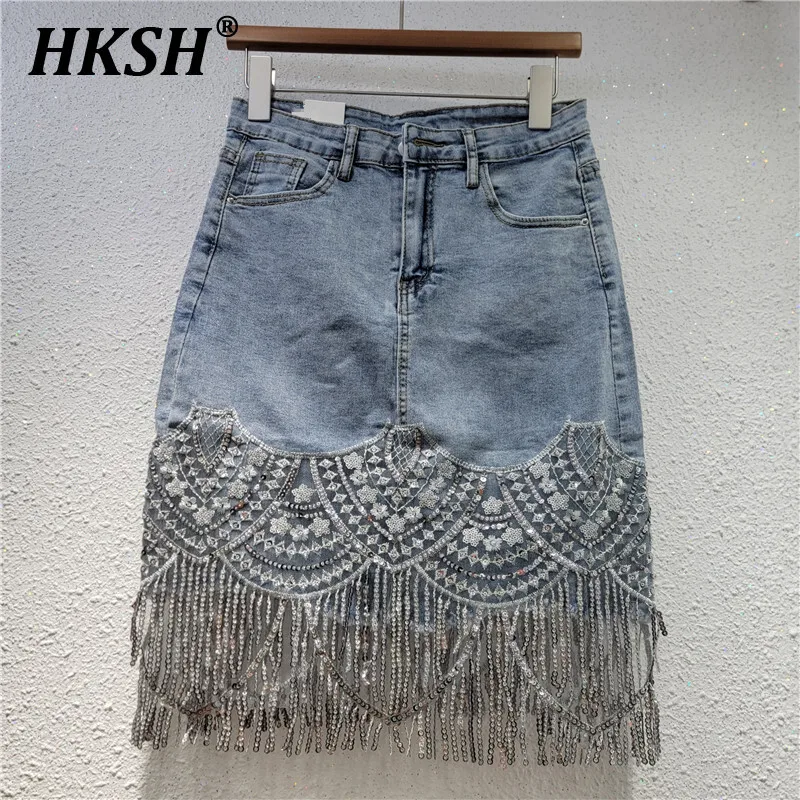 

HKSH 2025 Summer New Women Tide Punk Patchwork Mesh Denim Skirt Fashion Lace Sequins Slim A-line Hip Hugging Short Skirts HK4887