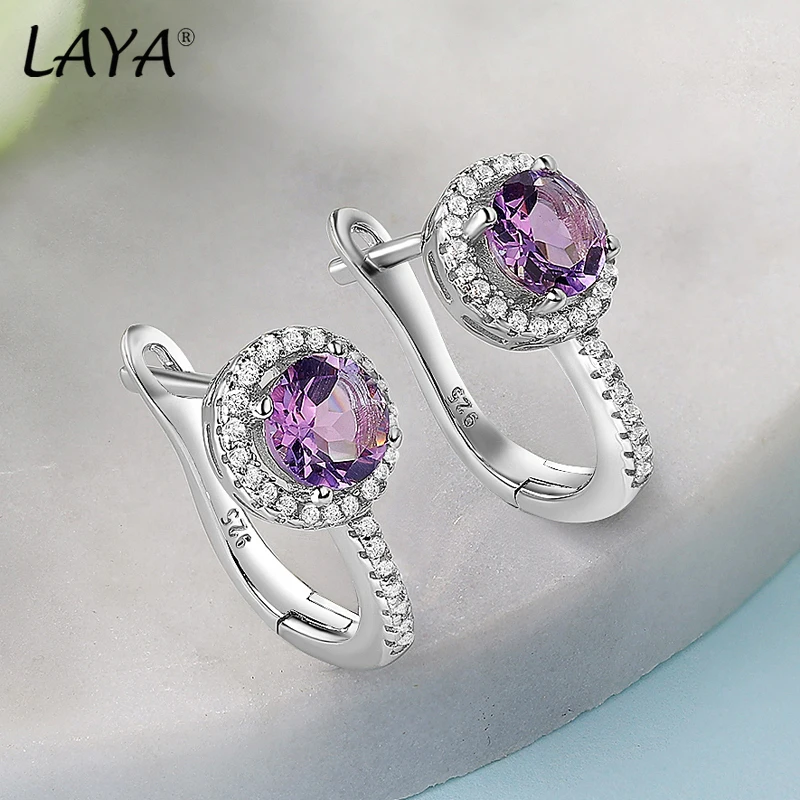 

LAYA 100% 925 Sterling Silver Round Brilliant Cut Gemstone Natural Amethyst Earrings For Women Wedding Engagement Fine Jewelry