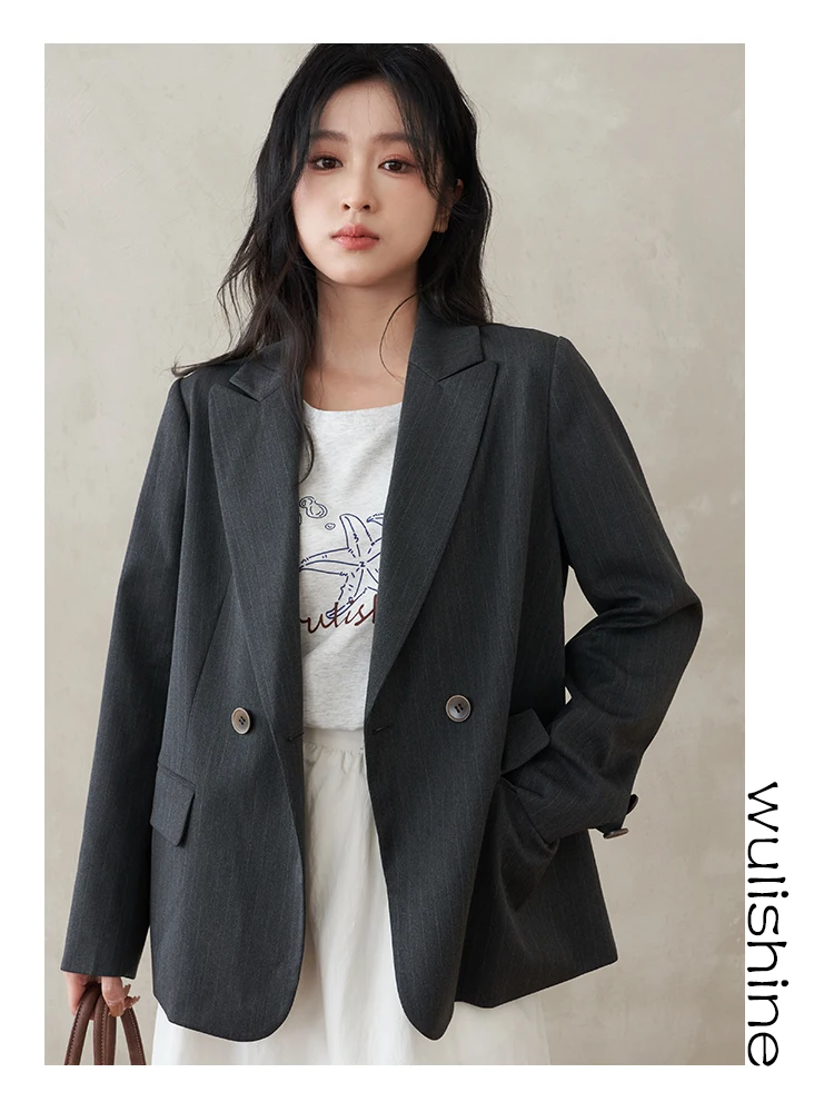 

Женский приталенный пиджак Charcoal ey Stripe Suit Slim Fit с длинными рукавами, двубортный, с плоским воротником, для повседневной носки и офиса W034