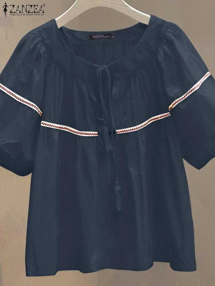 

ZANZEA Loose Woman Blouses Half Puff Sleeve 2025 Summer Day Wear Lace-Up O-Neck Blusas Mujer Paneled Fashion Casual Tunic Tops