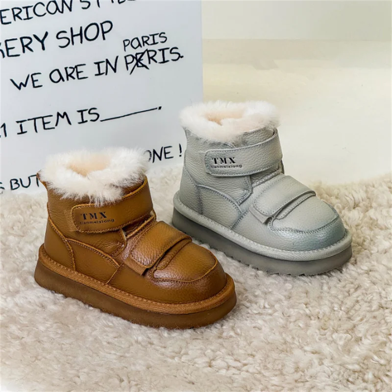 

2025 зимние детские зимние сапоги из натуральной кожи, теплая детская обувь с двойным крючком и петлей, нескользящие модные ботинки для девочек и мальчиков