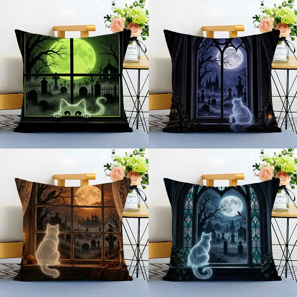 H-Halloween Ghost Window View Cushion Cover Linen Minimalist Soft  for Sofa Bed Home Room Decor
