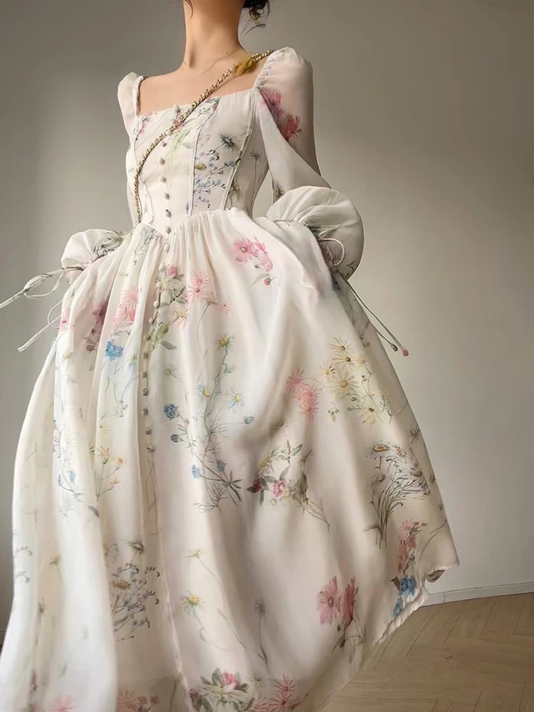 French Elegant Floral Midi Dress Chiffon Long Sleeve Evening Party Dress  Woman Beach Fairy One Piece Dress Korean 2023 Summer - AliExpress 200000345