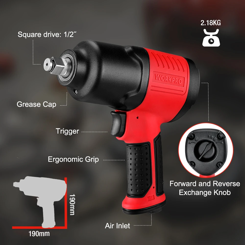 WORKPRO 1/2'' Drive Air Impact Wrench Max 610N.m High Torque Output Lightweight Design professional Pneumatic Impact Wrench