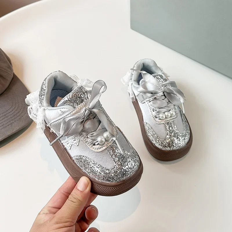 Girls Glitter Pearl Bow Sneakers, Toddler Princess Lace Skate Shoes, Magic Tape Soft Sole Casual Dress Shoes, Pink /Silver