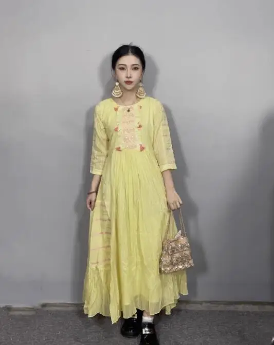 Nepalese Indian Regular Dress Large Swing Dress Yellow