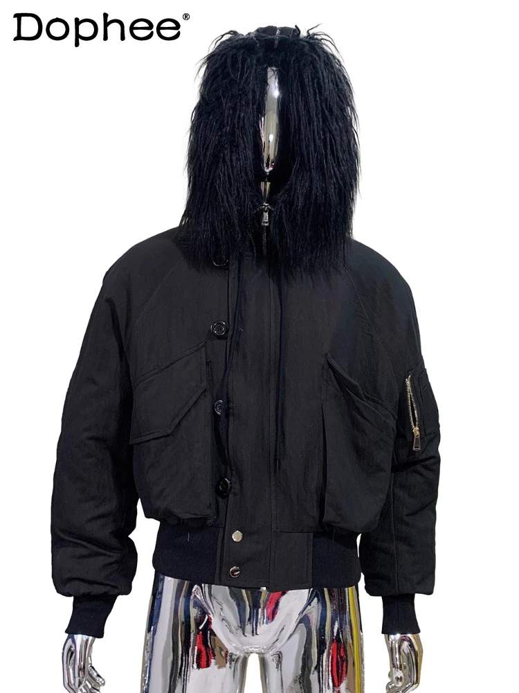 

Men's 2025 Autumn New Loose Curved Sleeve Hooded Padded Thickened Warm Chic Jackets Men's Zipper Pocket Decorative Jacket Coats