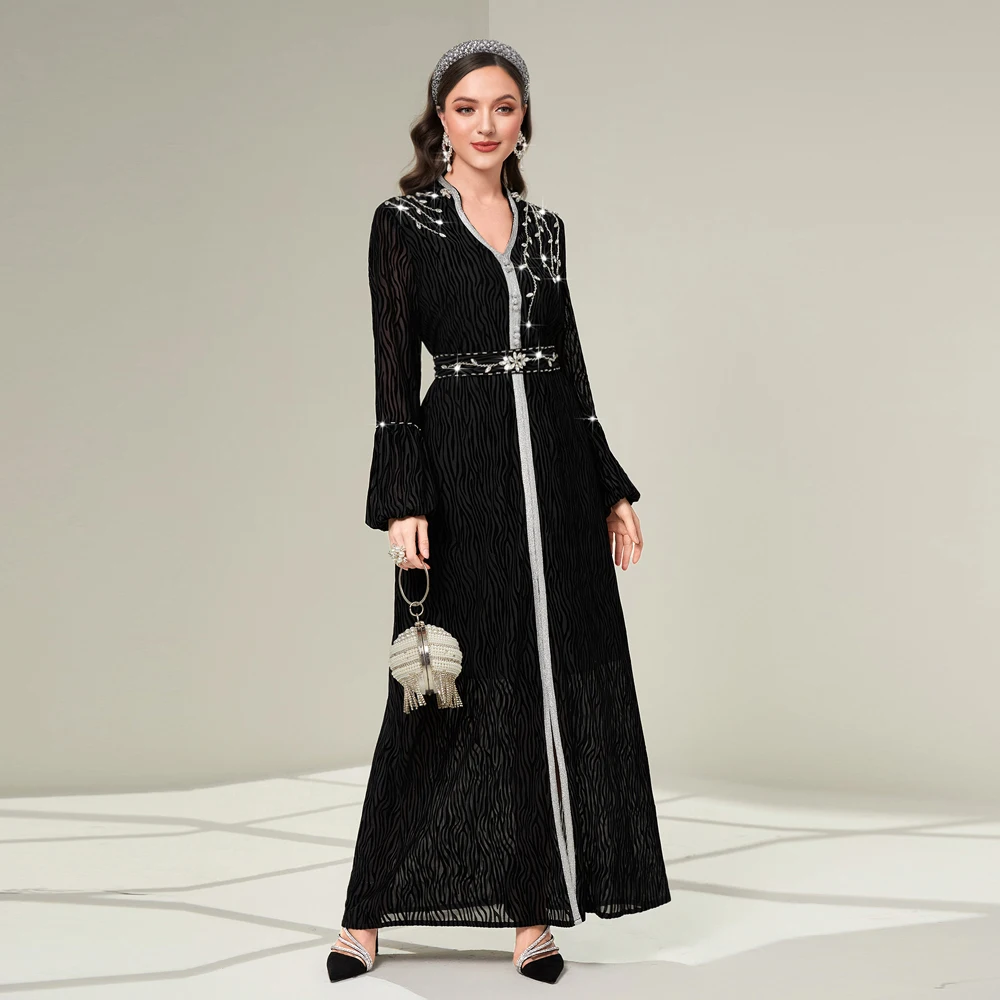 Handstitched Rhinestone Beaded Arabic Robe Vintage Ethnic Moroccan Kaftan Dubai Abaya Dress Ramadan Eid-al-Adha 2024 Party Wears