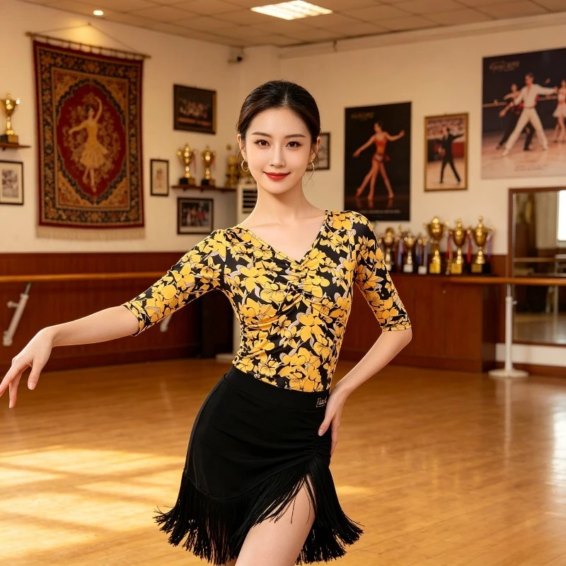 

V Neck Mid Sleeve Latin Dance Top Women Samba Modern Carnival Practice Dance Costume Performance Accessories Dancewear top