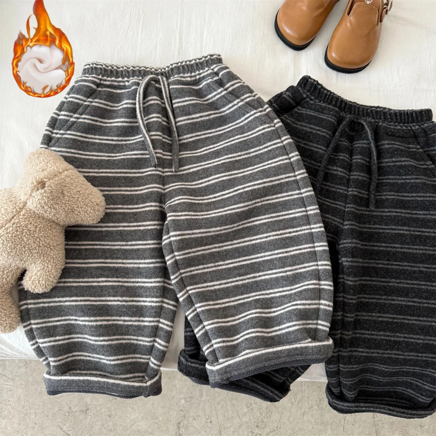 

Korean Children's Clothes 2025 Autumn Winter Kids Fleece Pants Boys Striped Loose Trousers Warm Casual Long Pants