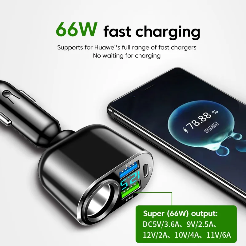 Olaf 66W 3 Ports USB C Car Charger QC 3.0 Fast Charging PD Type C Car Cigar Lighter Socket For iPhone Huawei Sumsung Xiaomi LED