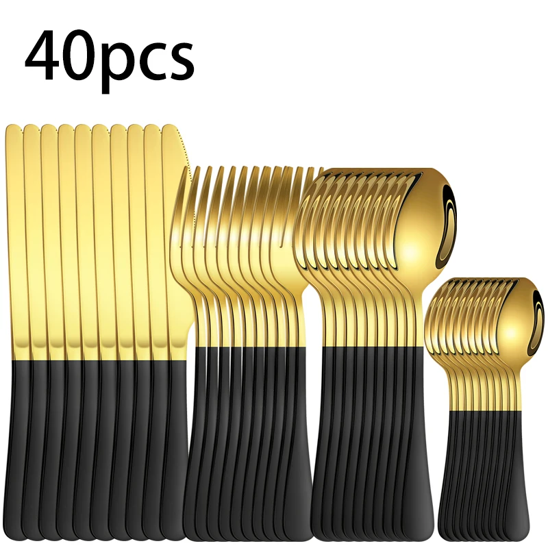 40pcs High-End Two-Color Black Gold 1010 Stainless Steel Tableware Set Mirror Polished Tableware, Restaurants, Hotels.