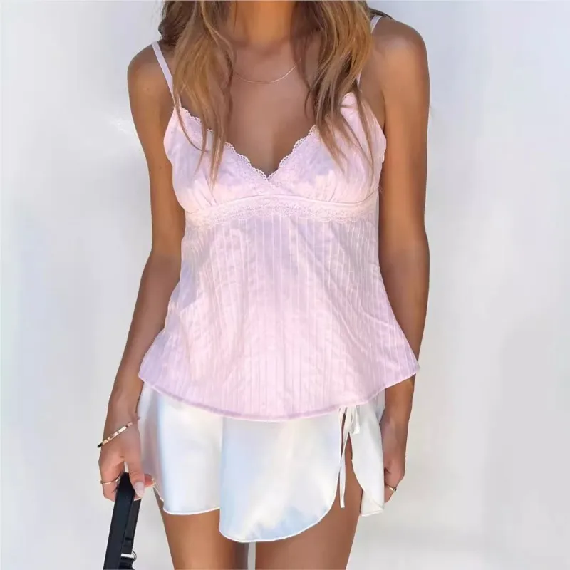 

Women Sexy Y2k Tank Top Lace Trim 2025 New Fashion Elegant Backless V Neck Sleeveless Vest Flared Hem French Sweet Crop Tops