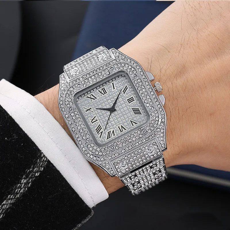 Square Watch Fashion Starry Sky Steel Belt with Diamonds Men's Roman Scale Quartz Watch