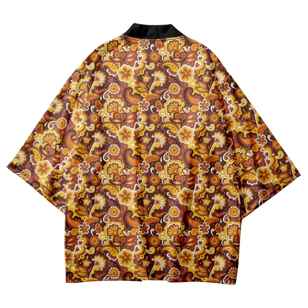 Streetwear Orange Cashew Flower Print Haori 2023 Fashion Men Women Cardigan Beach Yukata Clothes Japanese Kimono Plus Size