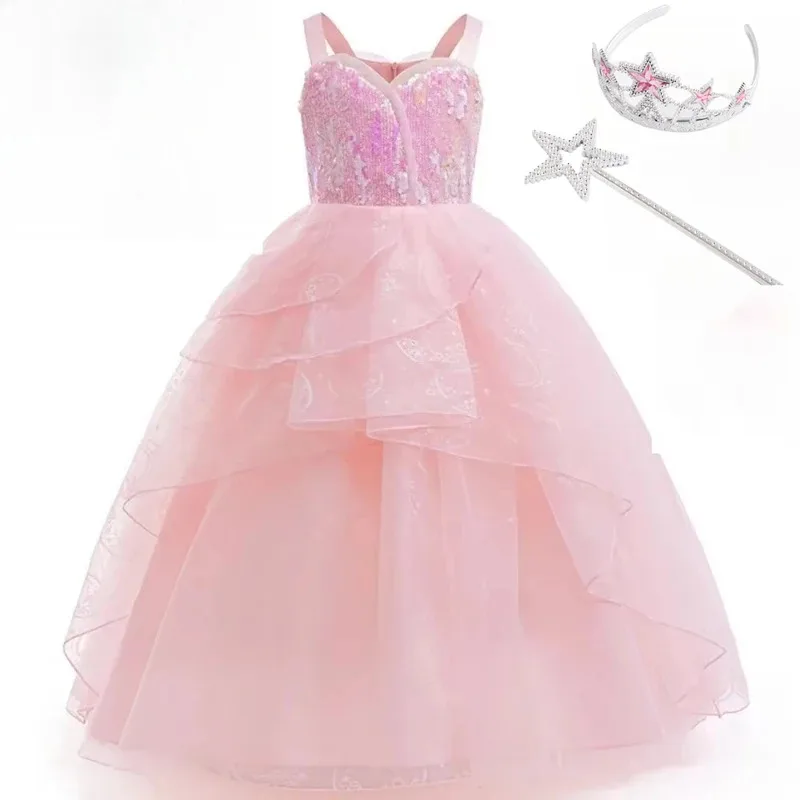 

Magic Movie Witch Pink Dress Girls Cosplay Costume Halloween Clothes with Crown Fairy Wand Birthday Party;5'b,8.v;