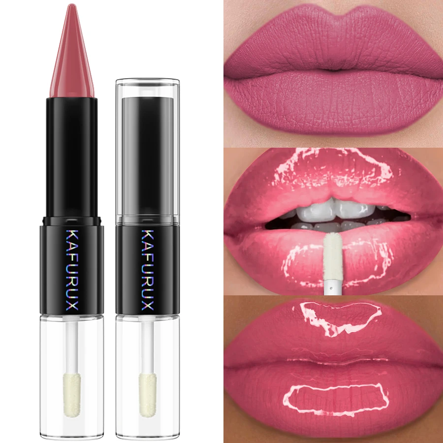 ลิปสติกแบบสองหัว 2 in 1 สีชัด ติดทนนาน กันน้ำ 24 ชม. เครื่องสำอางเกาหลี ของขวัญ ลิปทินท์ ปากอวบอิ่ม สีชมพู