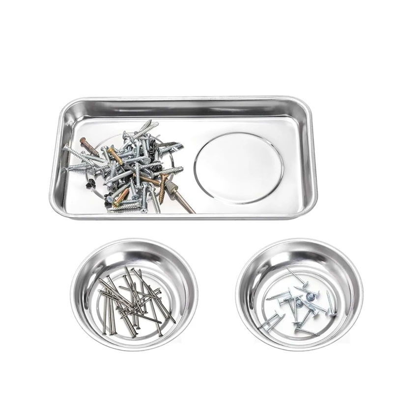 3 Pcs Magnetic Parts Tray Set, Stainless Steel Heavy Duty Square And Round Extra Strong Magnetic Tool Trays Holder