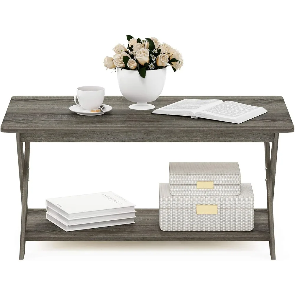 Modern Simplistic Criss-Crossed Coffee Table, French Oak Grey, 35.4x19.6x16 Inches, Easy Assembly
